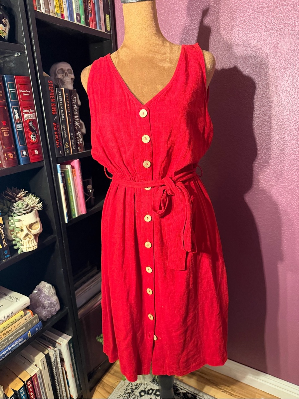 Red Button-Front Sleeveless Dress with Waist Tie- classy. Universal Thread